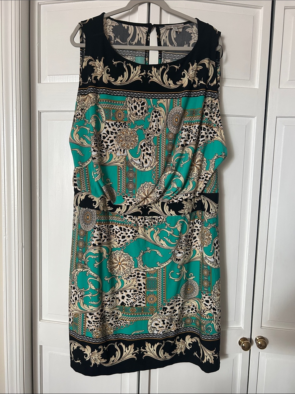 Sandra Darren Teal, Black and Cream Baroque Print Sleeveless Dress